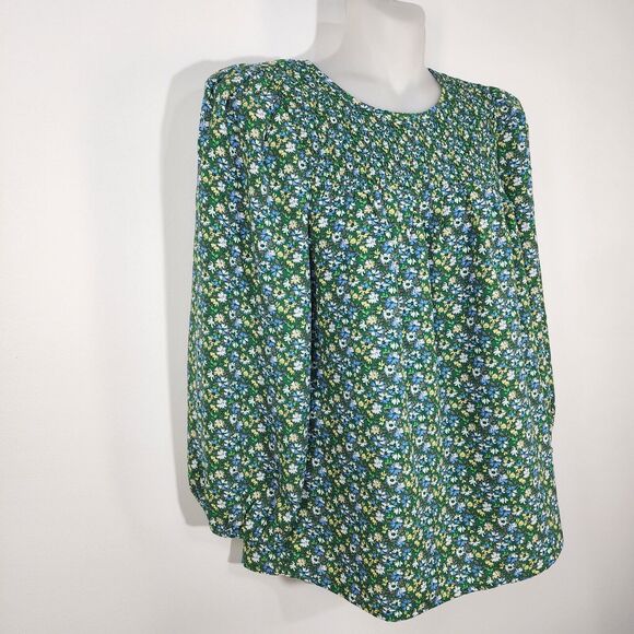 Pleione Women's Top Small Green Floral Smocked Keyhole Neck 3/4 Sleeve Blouse - Picture 4 of 10